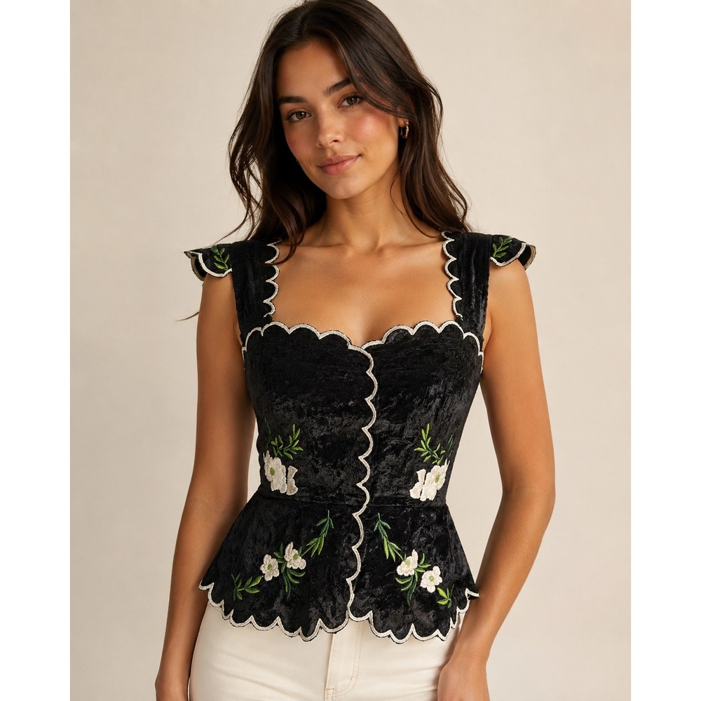Maeve Anthropologie women Black Velvet Embroidered Floral Crop Top NWT Small